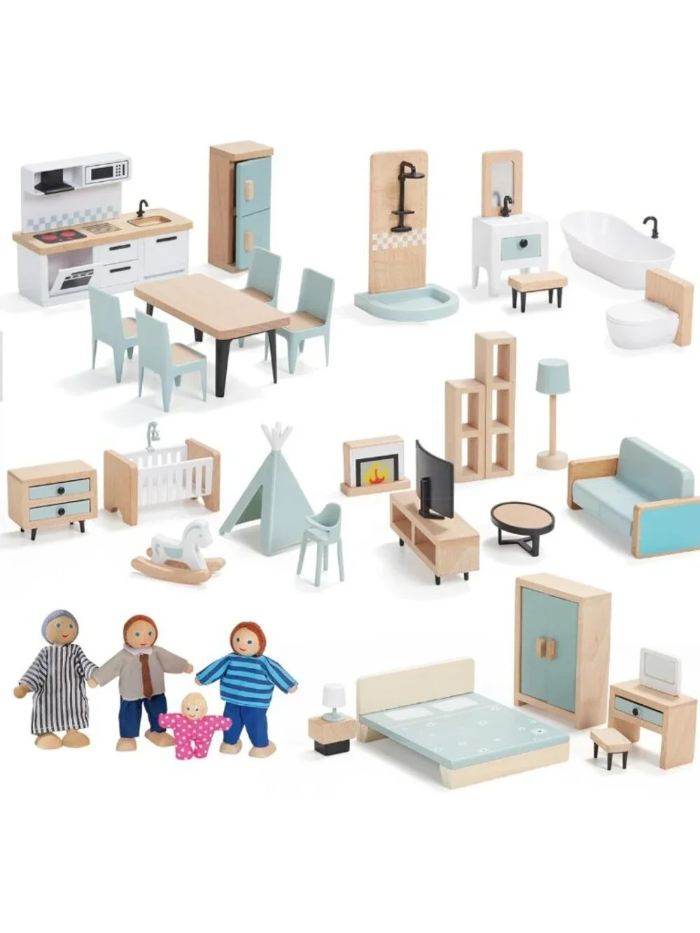 36-Piece Wooden Dollhouse Furniture Set with 5 Rooms & 4 Family Dolls - Perfect